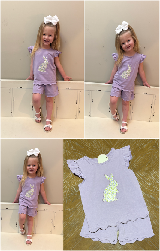 LAVENDER BUNNY APPLIQUE RUFFLE SHORT SET