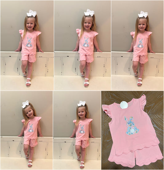 PINK BUNNY APPLIQUE RUFFLE SHORT SET