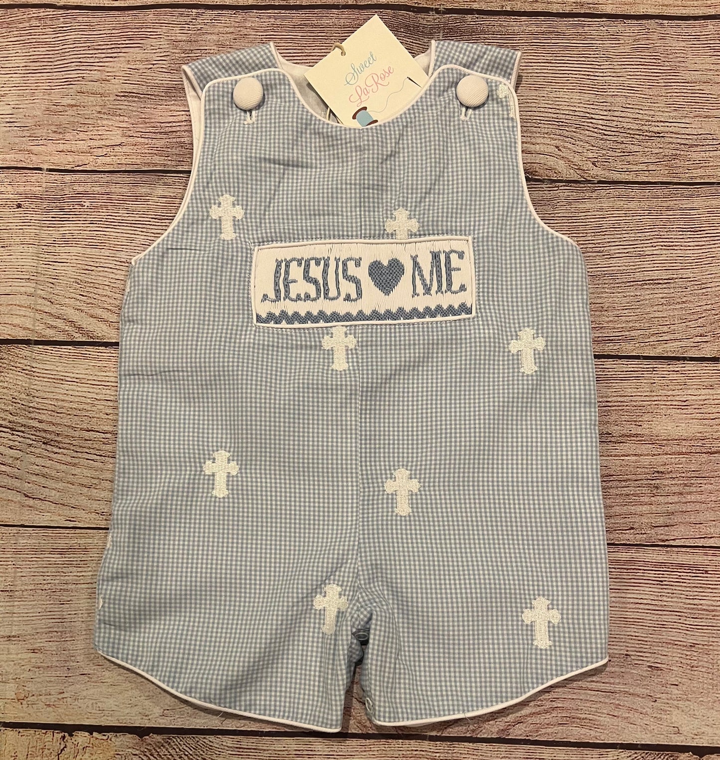 BLUE CROSS SMOCKED "JESUS 💙 ME" SHORTALL( fully lined)