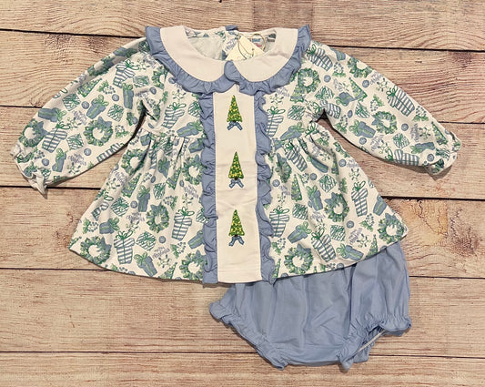 BLUE / GREEN EMBROIDERED CHRISTMAS TREE BLOOMER SET