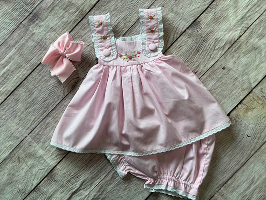 PINK HAND EMBROIDERED FLORAL & LACE BLOOMER SET  (fully lined) (po212)