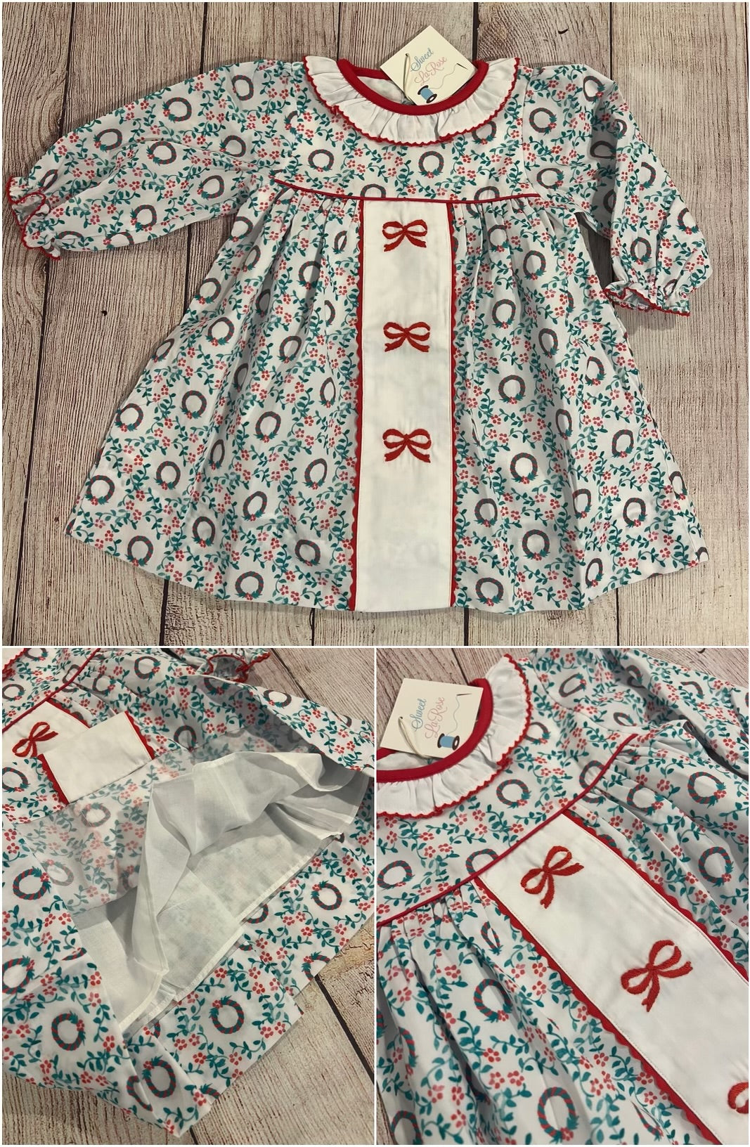 EMBROIDERED RED BOW / CHRISTMAS WREATH DRESS