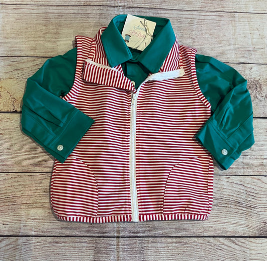 GREEN LONG SLEEVE SHIRT w/ RED STRIPE VEST
