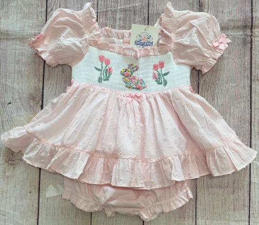 PINK DOTTED SWISS SMOCKED EASTER BUNNY BLOOMER SET (po211 extras)