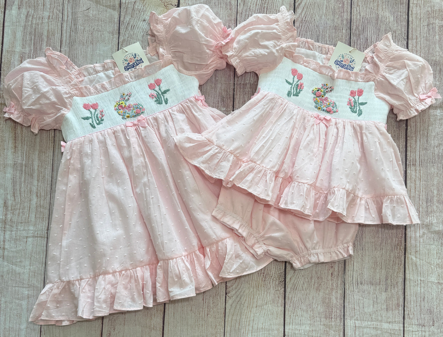 PINK DOTTED SWISS SMOCKED EASTER BUNNY BLOOMER SET (po211 extras)