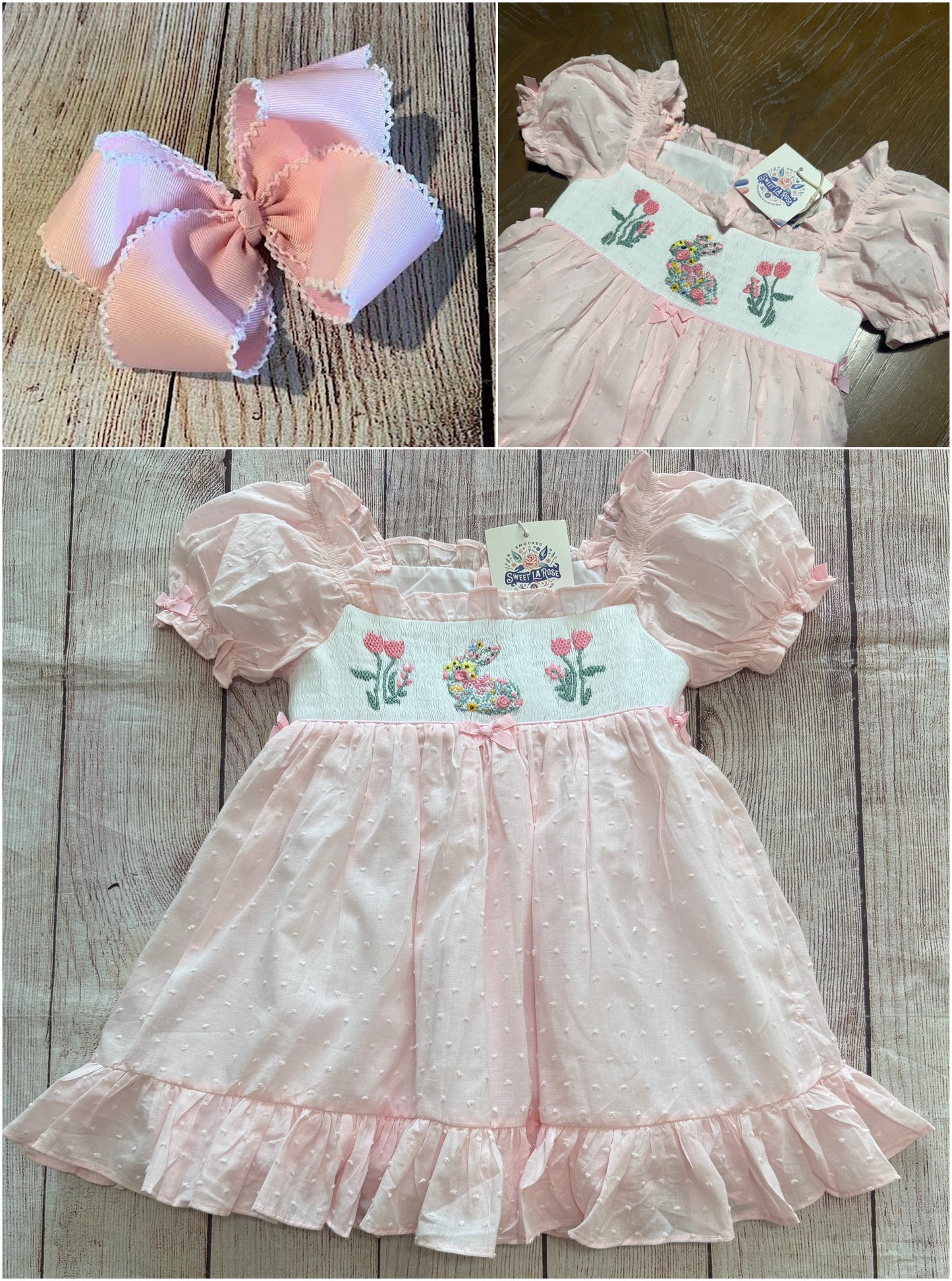 PINK DOTTED SWISS SMOCKED EASTER BUNNY DRESS (po211 extras)