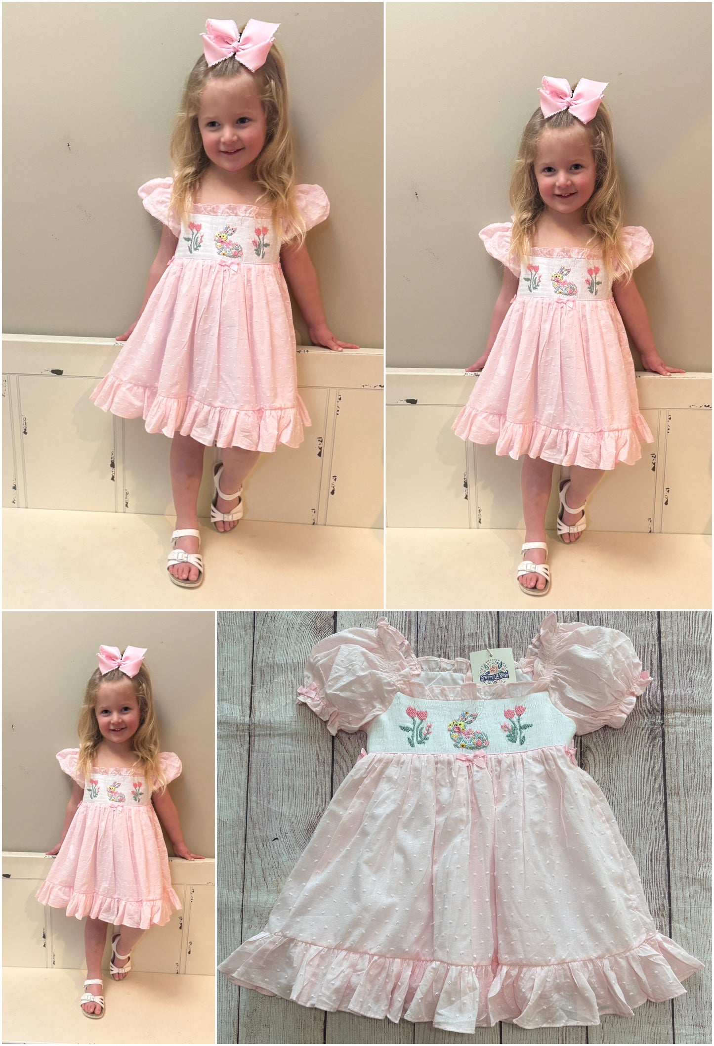 PINK DOTTED SWISS SMOCKED EASTER BUNNY DRESS (po211 extras)