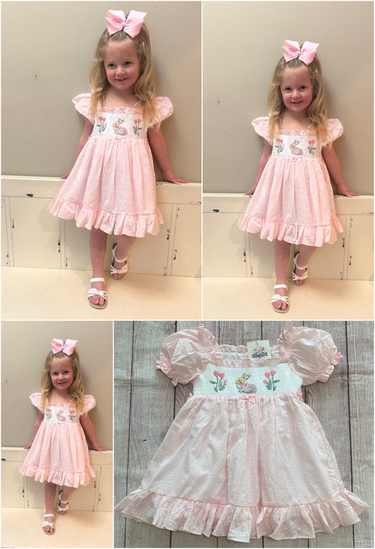 PINK DOTTED SWISS SMOCKED EASTER BUNNY DRESS (po211 extras)