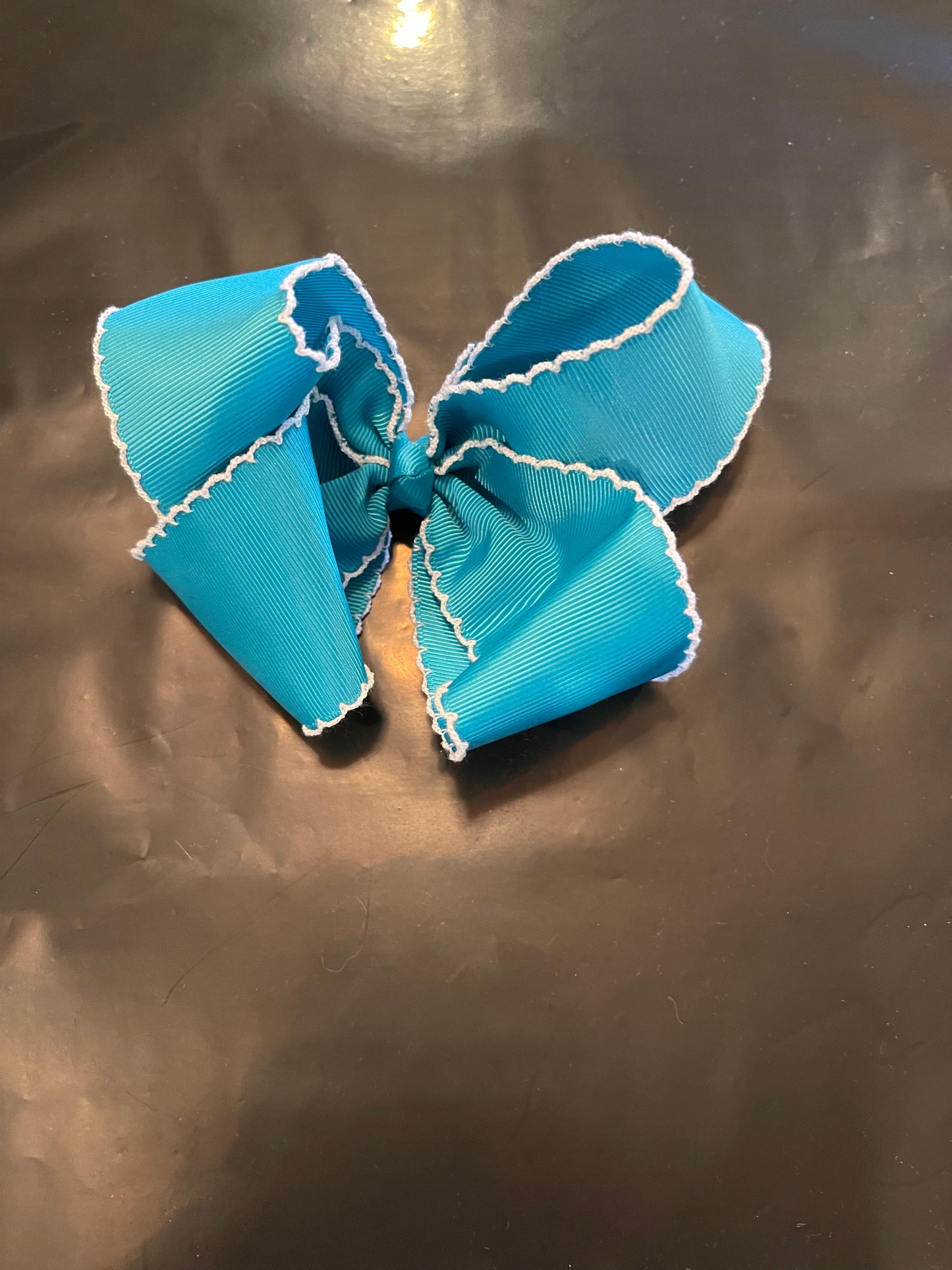 ISLAND BLUE HAIR BOW w/ WHITE MOONSTITCH & ALLIGATOR CLIP
