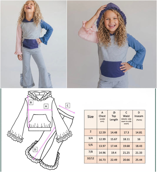 PINK & BLUE HOODED RUFFLE POCKET JOGGER SET (hood)