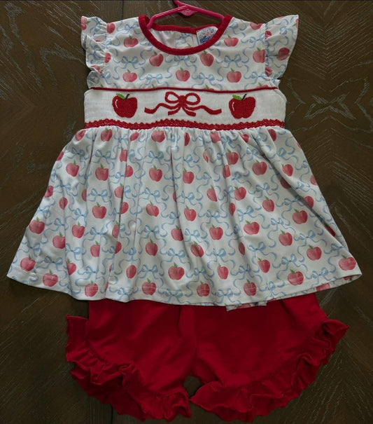 RED APPLE & BLUE BOW SMOCKED KNIT SHORT SET // ESTIMATED TO SHIP FROM THE VENDOR LATE MAY to EARLY JUNE (school)