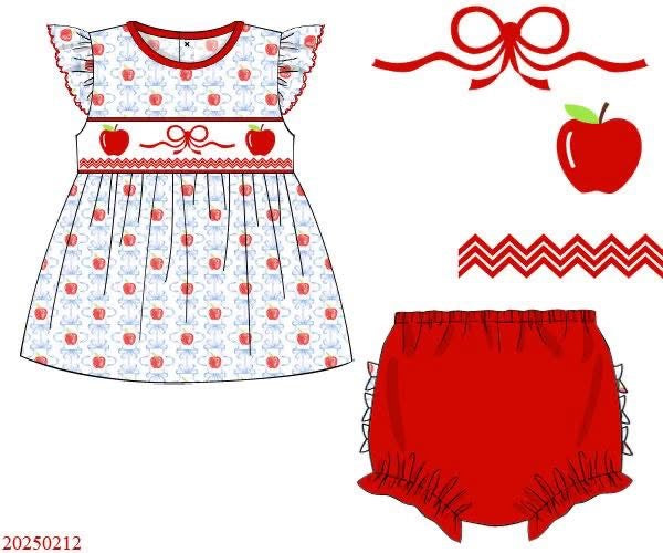 RED APPLE & BLUE BOW SMOCKED KNIT BLOOMER SET // ESTIMATED TO SHIP FROM THE VENDOR LATE MAY to EARLY JUNE (school)
