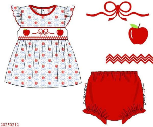 RED APPLE & BLUE BOW SMOCKED KNIT BLOOMER SET // ESTIMATED TO SHIP FROM THE VENDOR LATE MAY to EARLY JUNE (school)