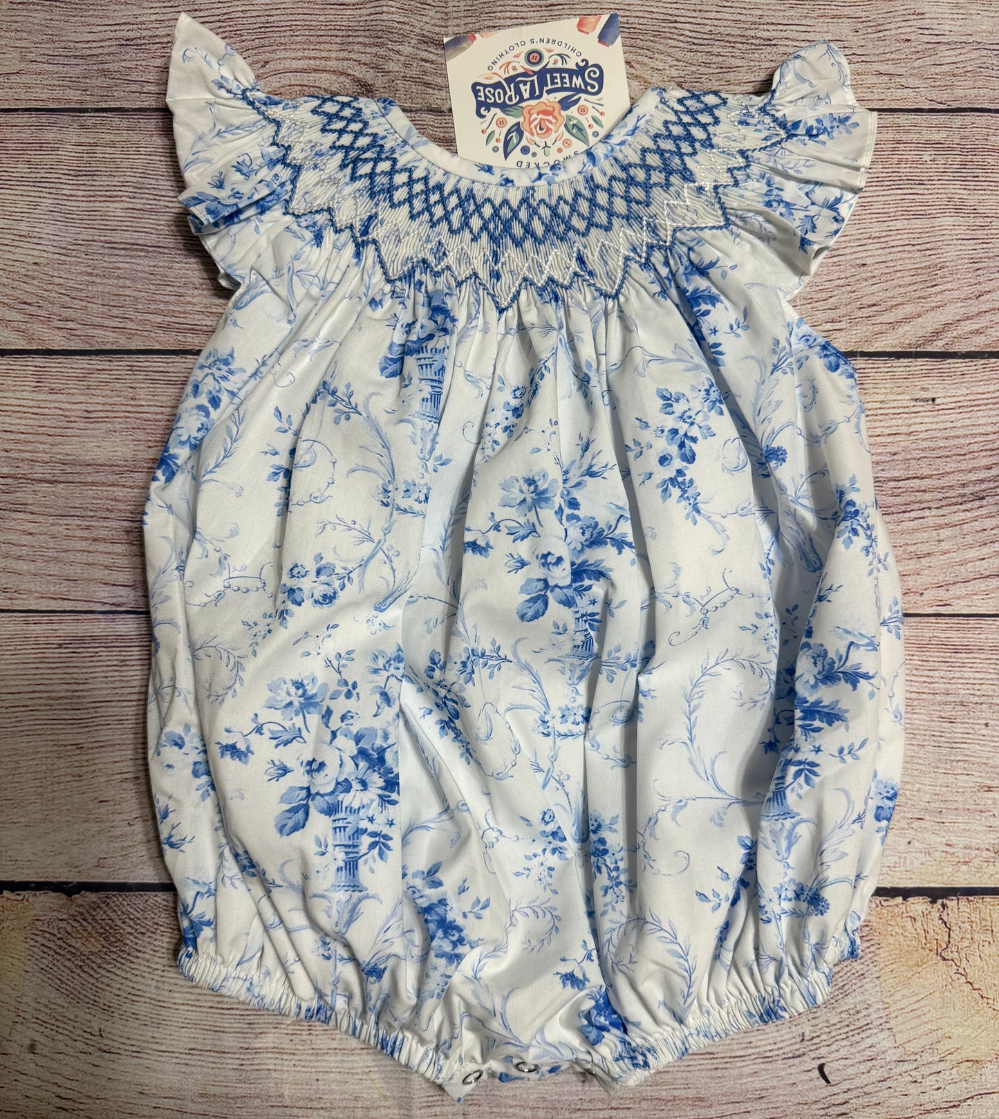 BLUE FLORAL GEOMETRIC BOW BUBBLE (fully lined) / (heirloom #1 extras)