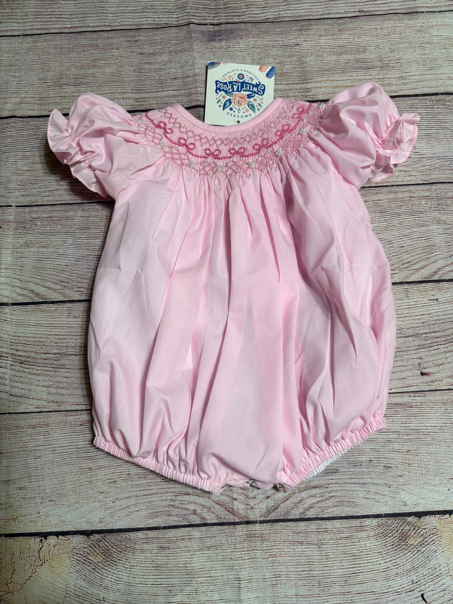 PINK SMOCKED BOW GEOMETRIC BUBBLE w/ PEARLS (fully lined) / (heirloom #1 extras)