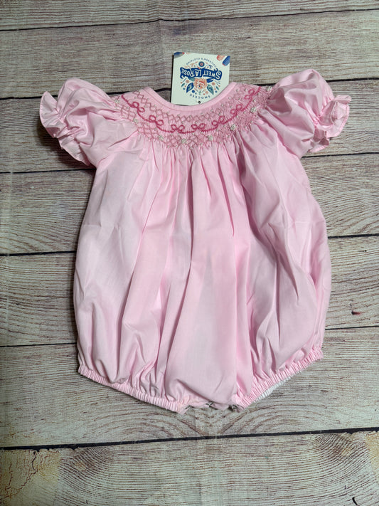 PINK SMOCKED BOW GEOMETRIC BUBBLE w/ PEARLS (fully lined) / (heirloom #1 extras)
