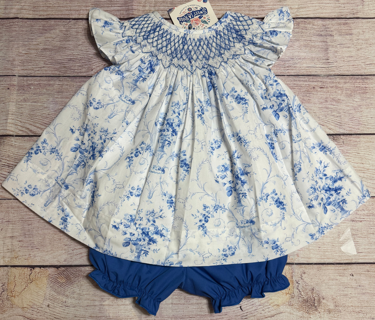 BLUE FLORAL GEOMETRIC BOW BLOOMER SET (fully lined) / (heirloom #1 extras)
