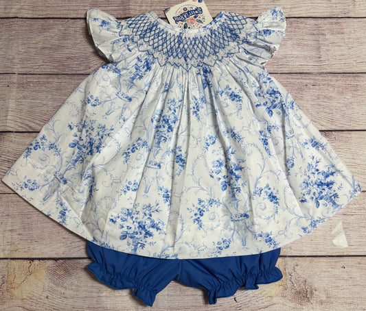 BLUE FLORAL GEOMETRIC BOW BLOOMER SET (fully lined) / (heirloom #1 extras)