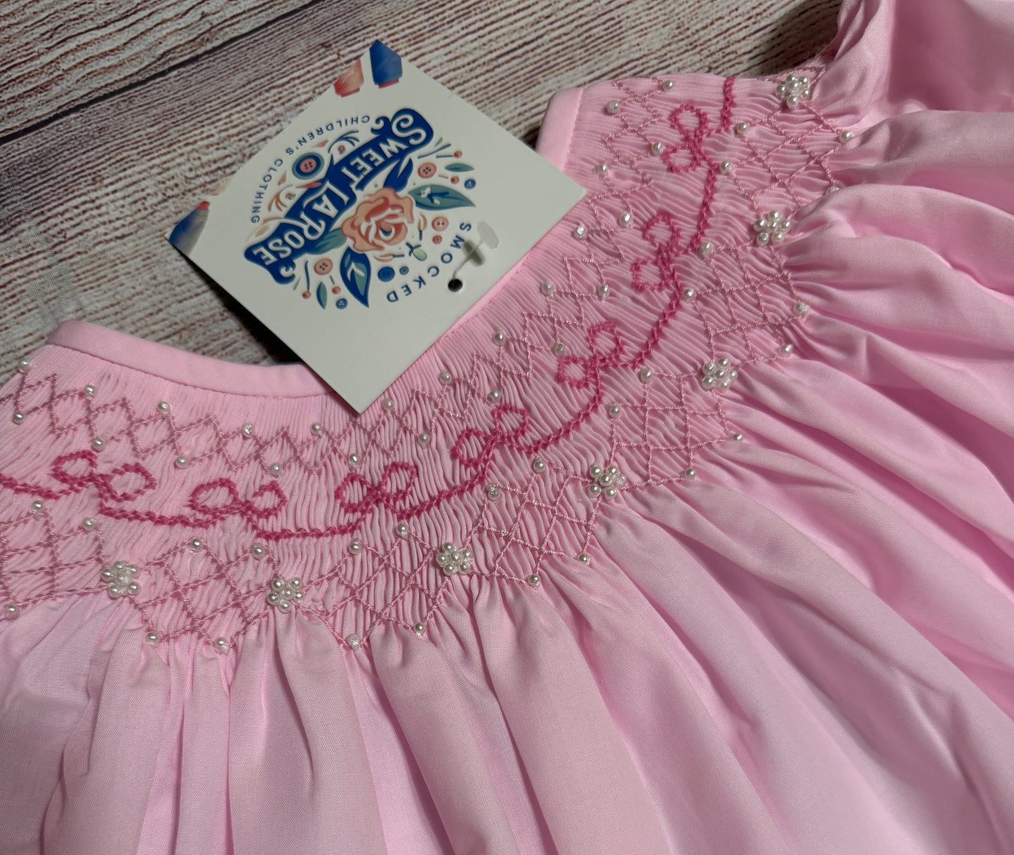 PINK SMOCKED BOW GEOMETRIC BUBBLE w/ PEARLS (fully lined) / (heirloom #1 extras)