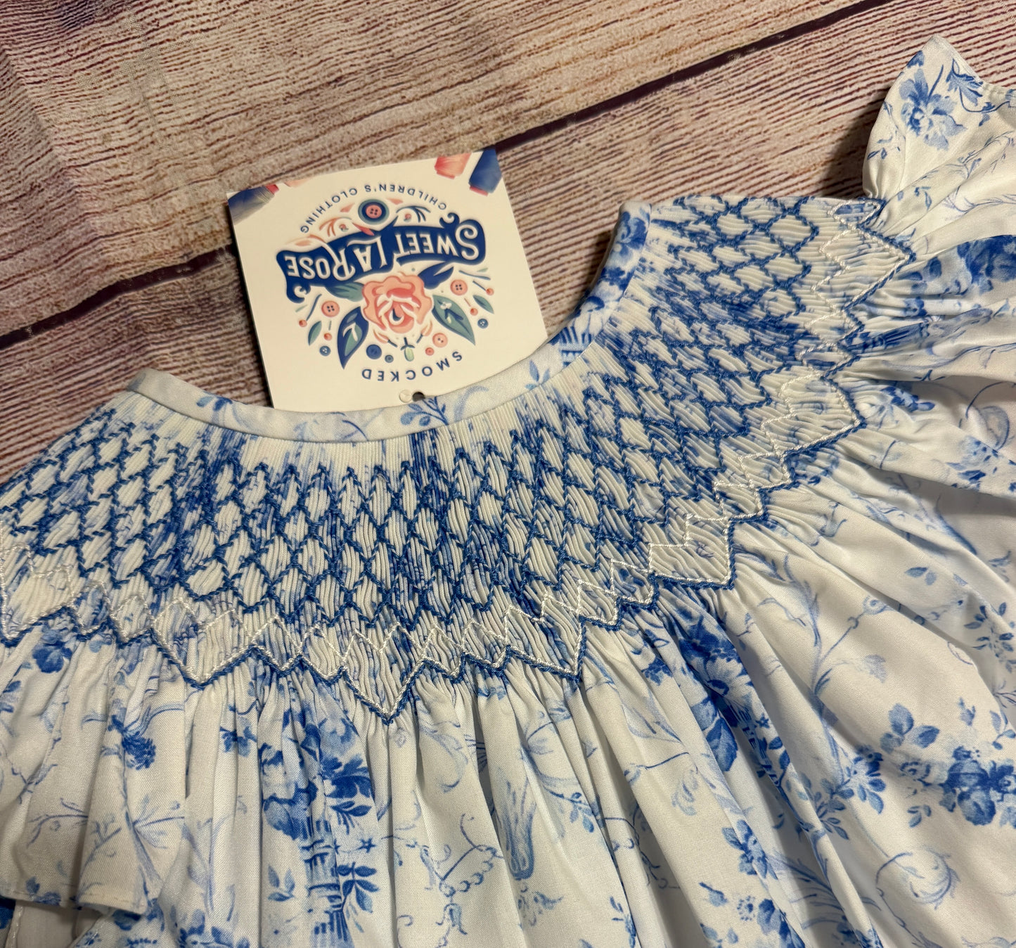 BLUE FLORAL GEOMETRIC BOW BUBBLE (fully lined) / (heirloom #1 extras)