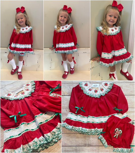 HAND EMBROIDERED CANDY CANE BLOOMER SET (fully lined)
