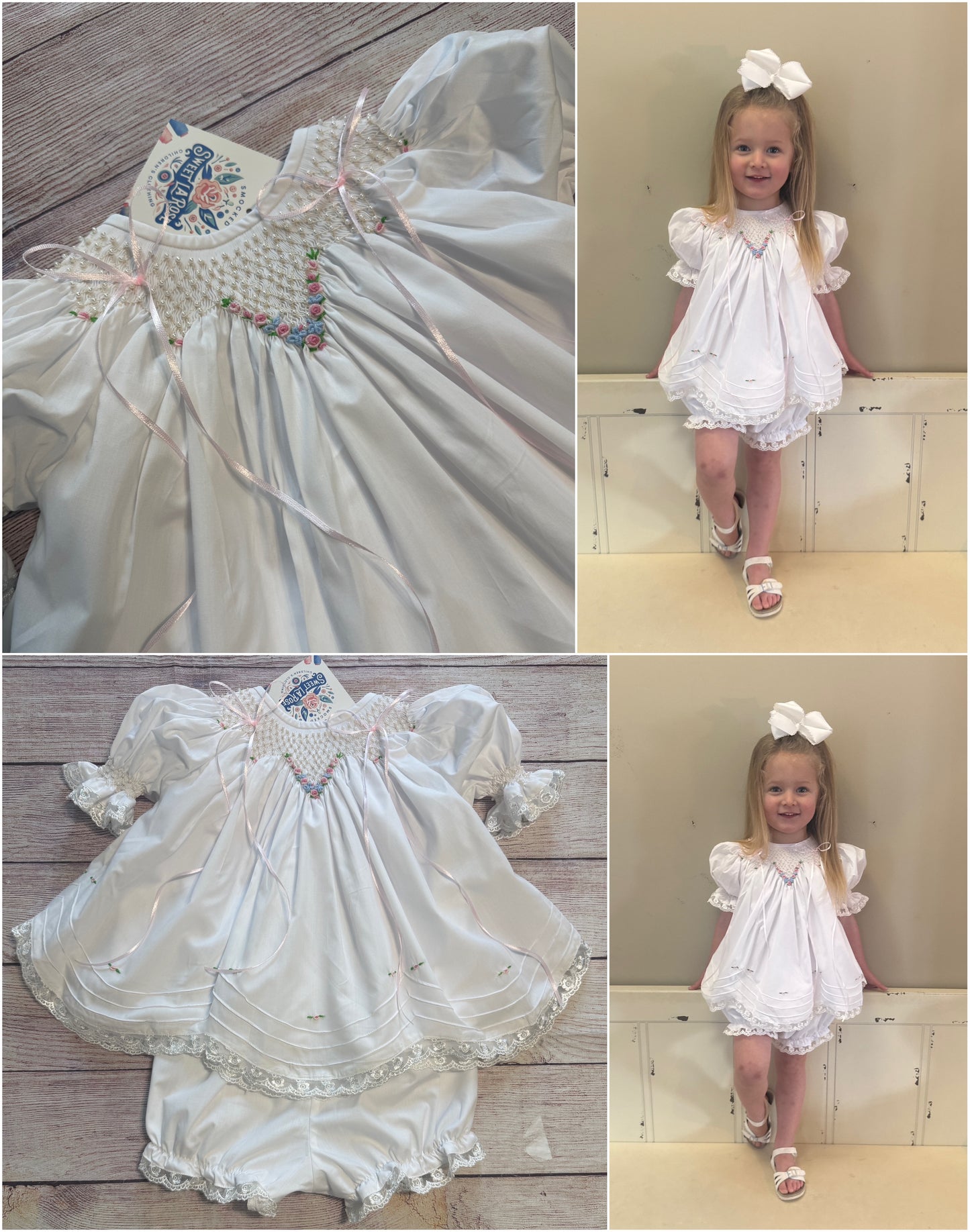 WHITE HEIRLOOM SMOCKED EMBROIDERED FLORAL BLOOMER SET w/ PEARLS & SATIN RIBBONS (heirloom #2)