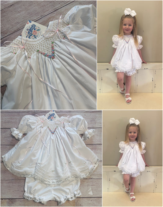 WHITE HEIRLOOM SMOCKED EMBROIDERED FLORAL BLOOMER SET w/ PEARLS & SATIN RIBBONS (heirloom #2)