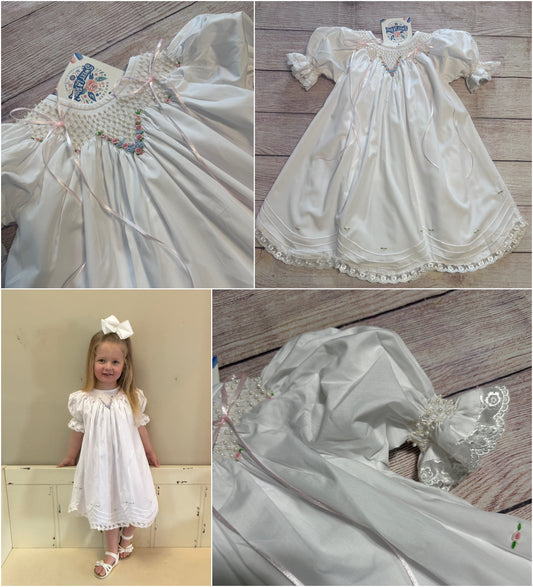 WHITE HEIRLOOM SMOCKED EMBROIDERED FLORAL DRESS w/ PEARLS & SATIN RIBBONS (heirloom #2)