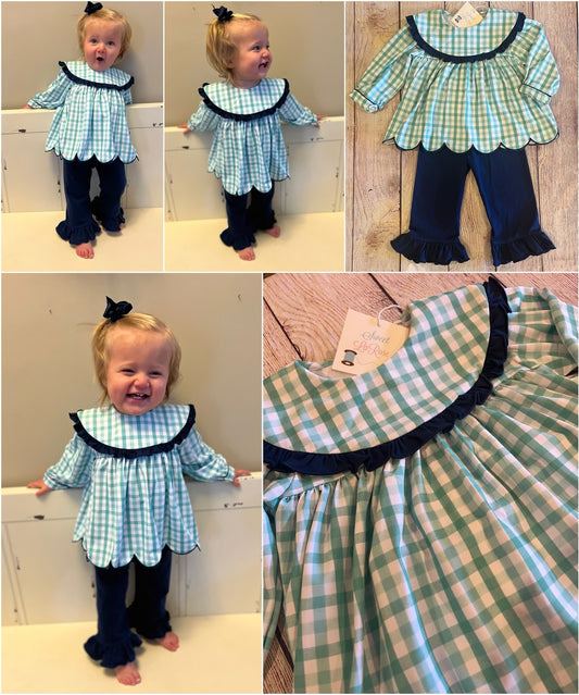 MINT PLAID / NAVY PANT SET