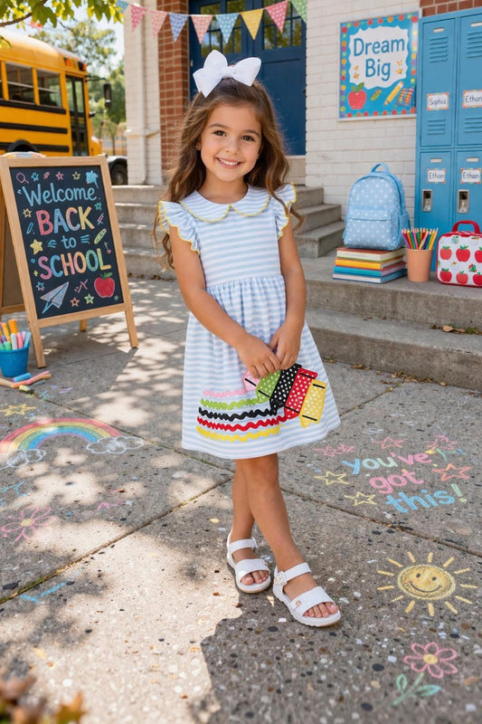 BLUE STRIPE w/ APPLIQUE PENCIL DRESS // ETA MID MAY (school 3)