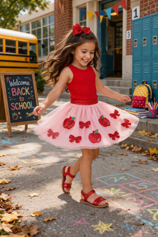 PINK / RED APPLE BOW TWIRLY SEQUIN TUTU (SHIRT NOT INCLUDED)  // ETA MID MAY (school 3)