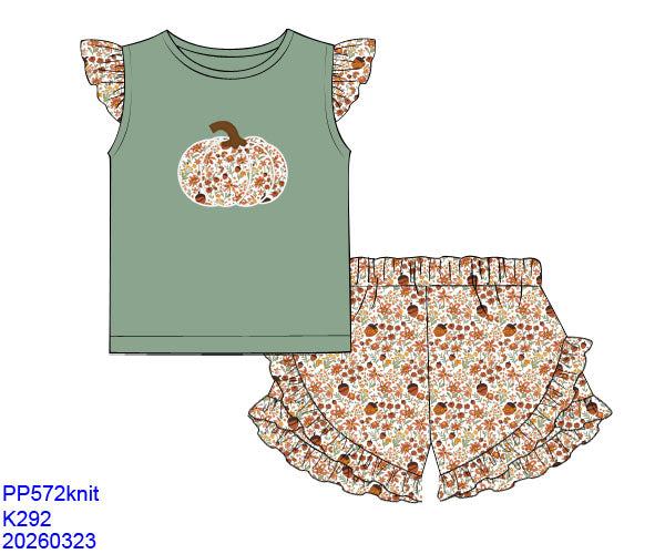 FELDSPAR GREEN FALL PUMPKIN FLORAL APPLIQUE SHORT SET // ETA MID TO LATE JUNE (po220 extras)