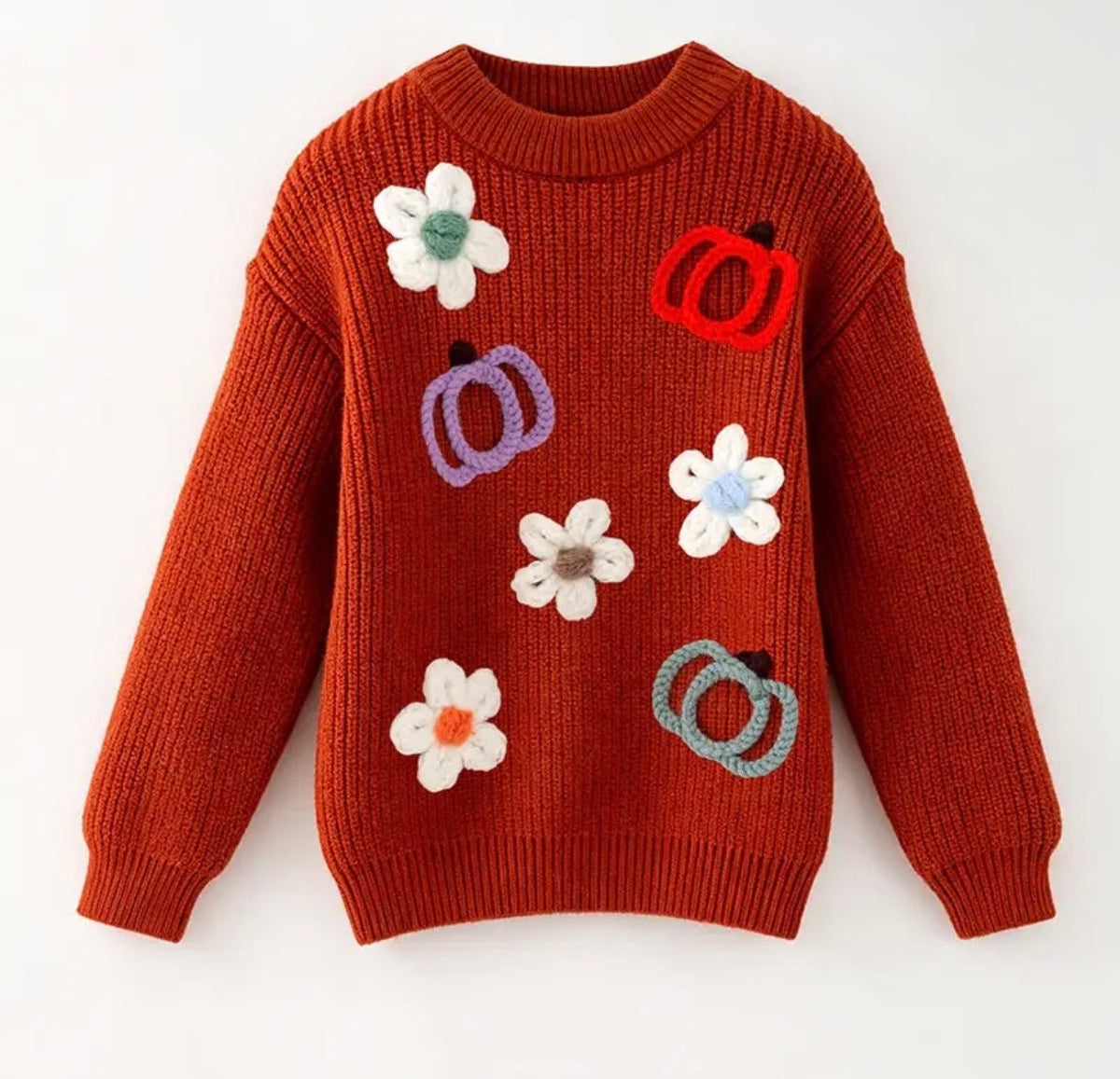 BROWN FLORAL & PUMPKIN EMBROIDERED SWEATER (holiday)