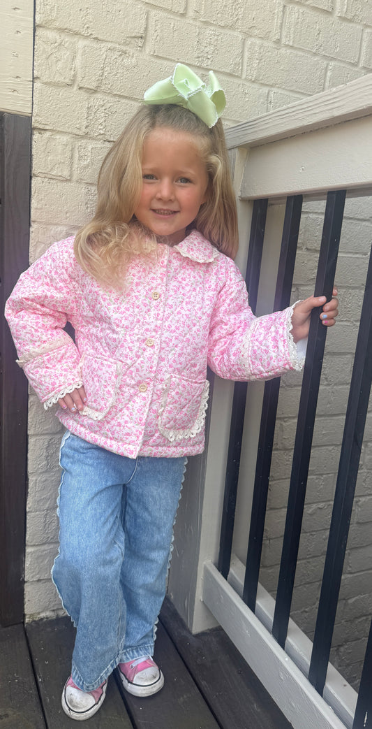 HOT PINK FLORAL QUILTED COAT w/ IVORY LACE (holiday)