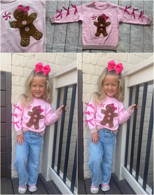 PINK GINGERBREAD COOKIE SWEATSHIRT w/ BOWS (holiday)