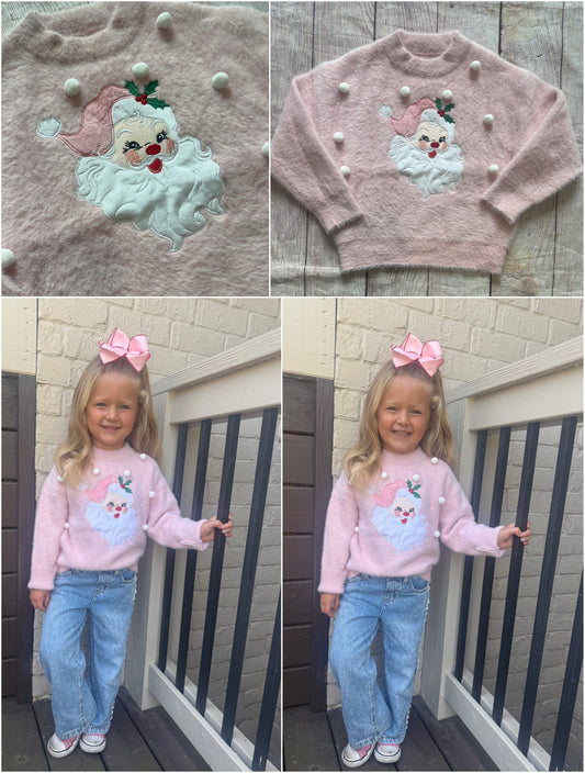 PINK POM POM SANTA APPLIQUE SWEATER (holiday)