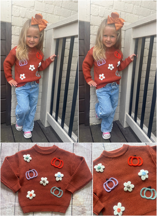 BROWN FLORAL & PUMPKIN EMBROIDERED SWEATER (holiday)