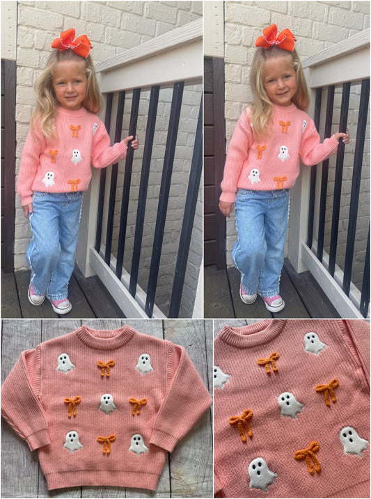 GHOST APPLIQUE W/ ORANGE EMBROIDERED BOW SWEATER (holiday)