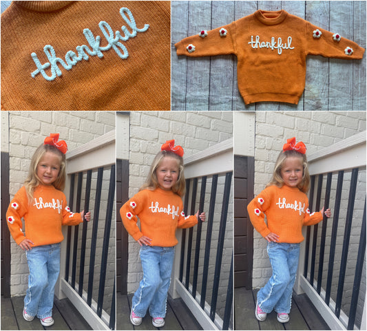 ORANGE FLORAL THANKFUL EMBROIDERED SWEATER (holiday)