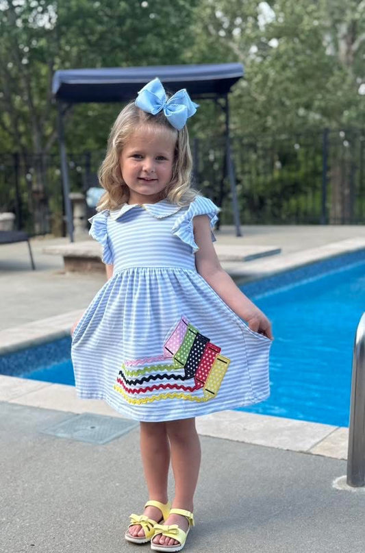 BLUE STRIPE APPLIQUE PENCIL DRESS (twirly / school)