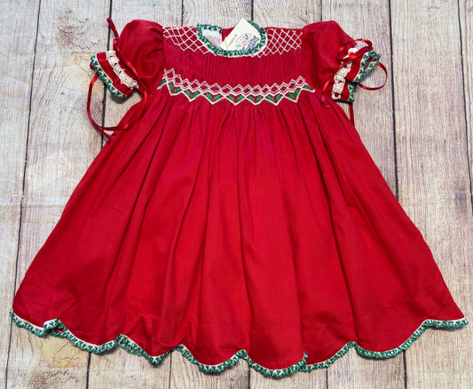 RED SMOCKED GEOMETRIC DRESS w/ LACE & SATIN RIBBONS // ETA EARLY TO MID OCTOBER (po225)