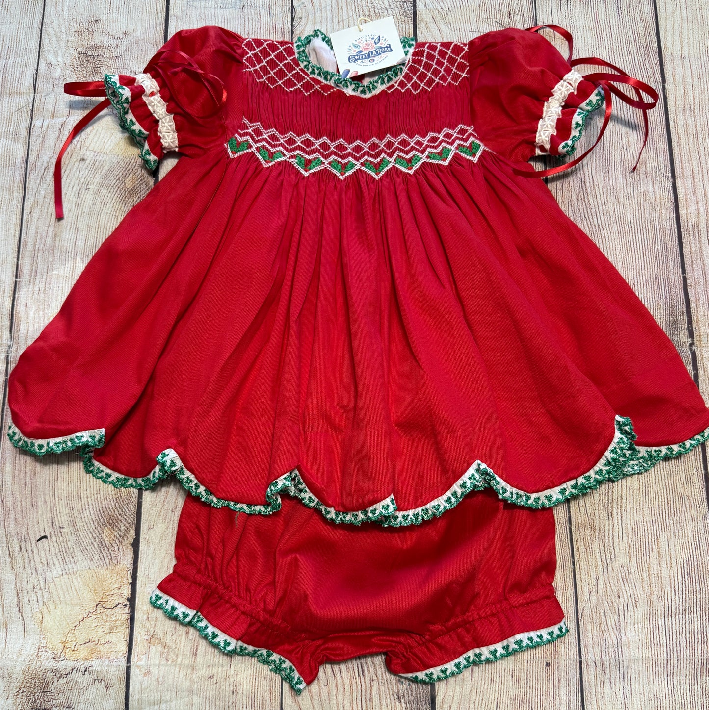 RED SMOCKED GEOMETRIC BLOOMER SET w/ LACE & SATIN RIBBONS // ETA EARLY TO MID OCTOBER (po225)