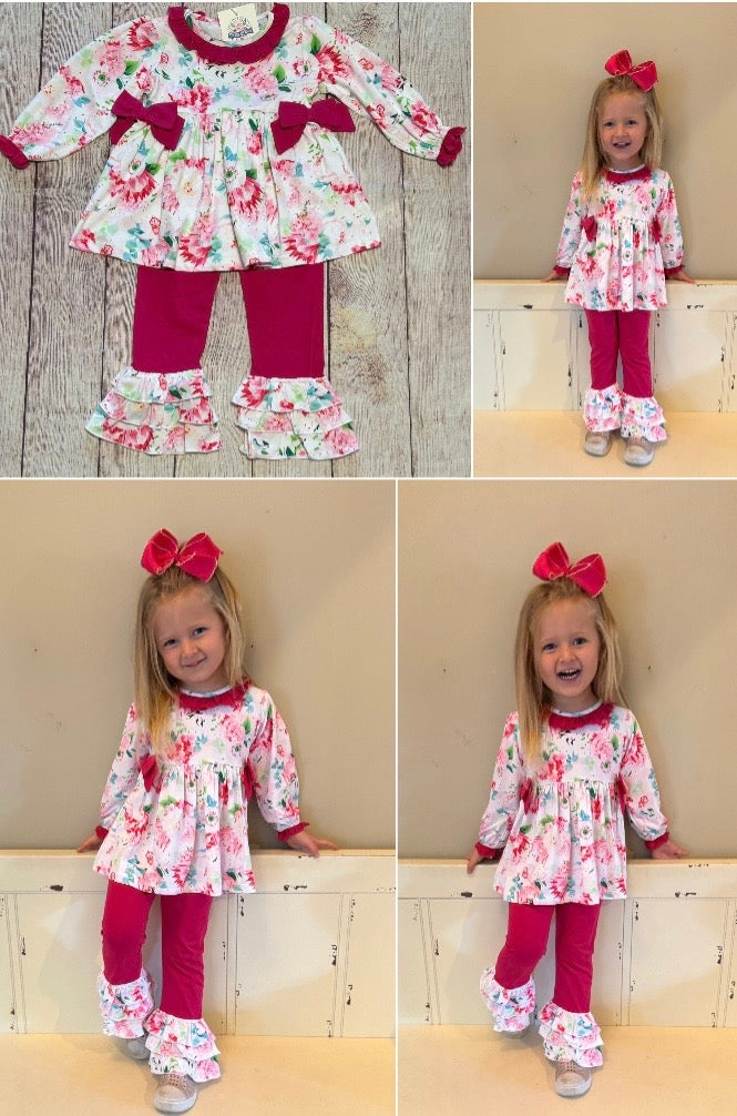 HOT PINK FLORAL KNIT PANT SET w/ BOWS // READY TO SHIP