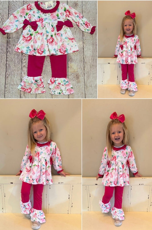 HOT PINK FLORAL KNIT PANT SET w/ BOWS // READY TO SHIP