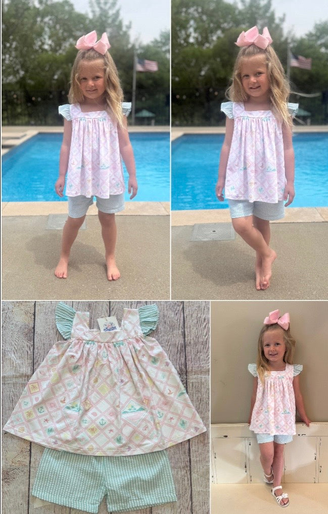 PINK & MINT BEACH SEERSUCKER SHORT SET // READY TO SHIP
