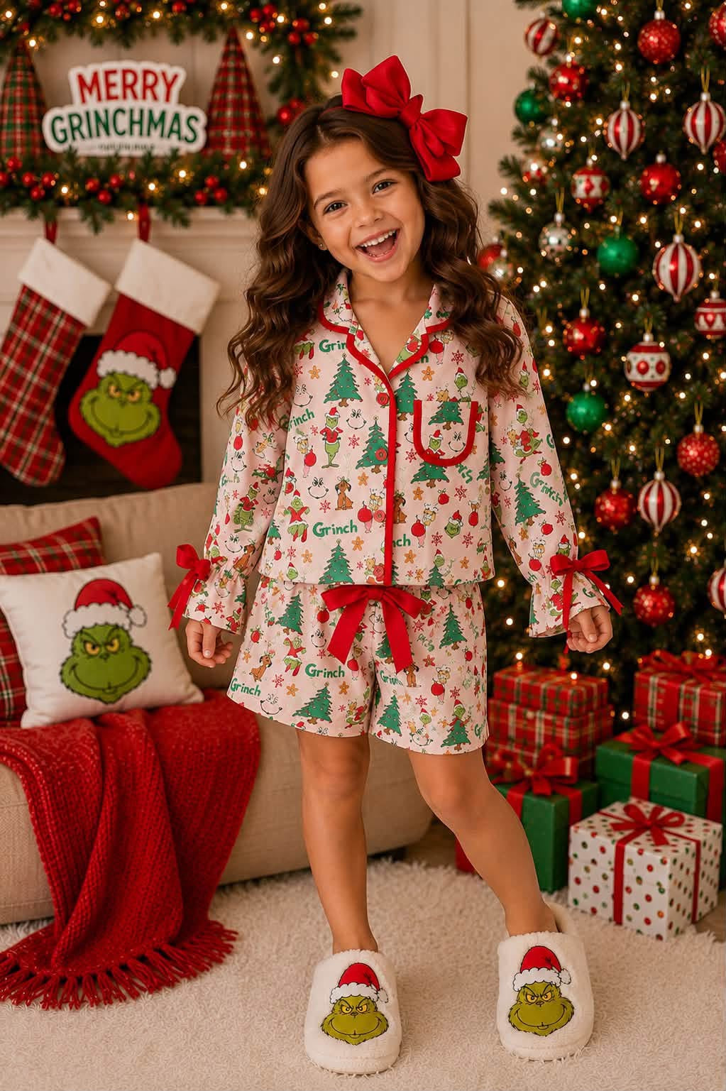 PINK GRINCH CHRISTMAS BOW PAJAMAS // ETA LATE AUGUST TO EARLY SEPT (PJS)