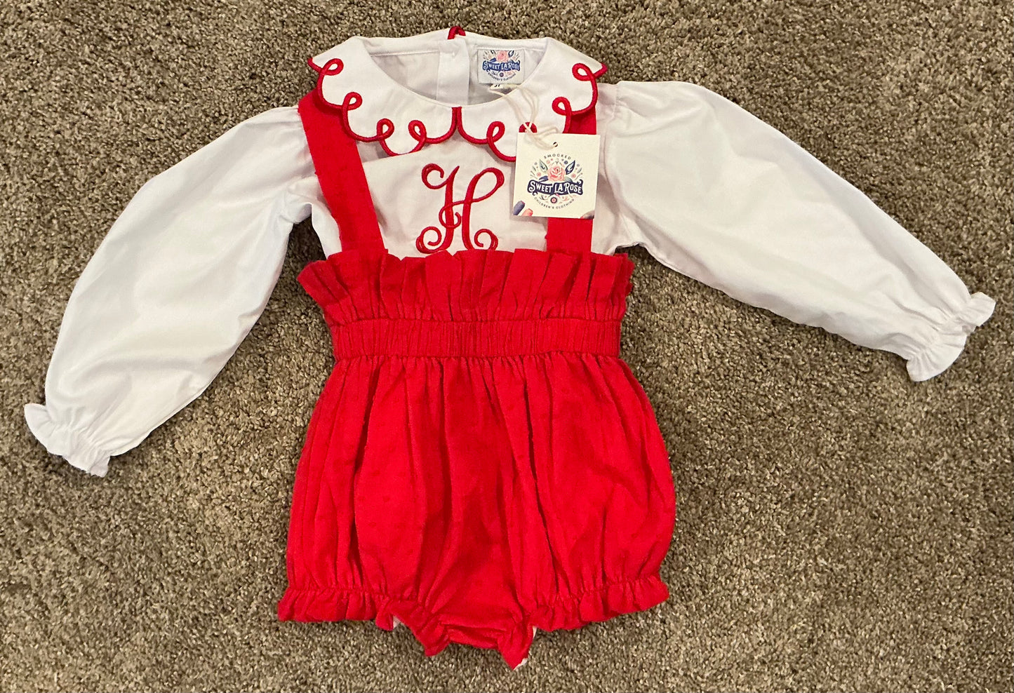 RED DOTTED SWISS BUBBLE w/ WHITE SHIRT & SCALLOPED COLLAR w/ H MONOGRAM