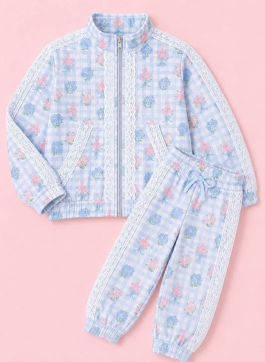 HYDRANGEA BLUE & PINK FLORAL LACE KNIT JOGGER SET (po226)