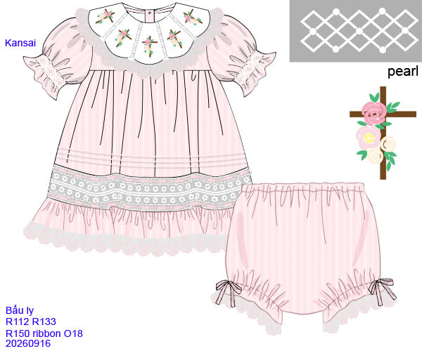 PINK CROSS BLOOMER SET w LACE & PEARLS (birthday)