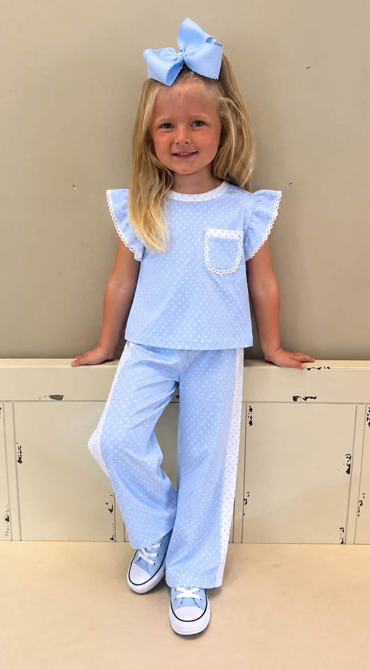 BLUE / WHITE POLKA DOT KNIT PANT SET (polka)